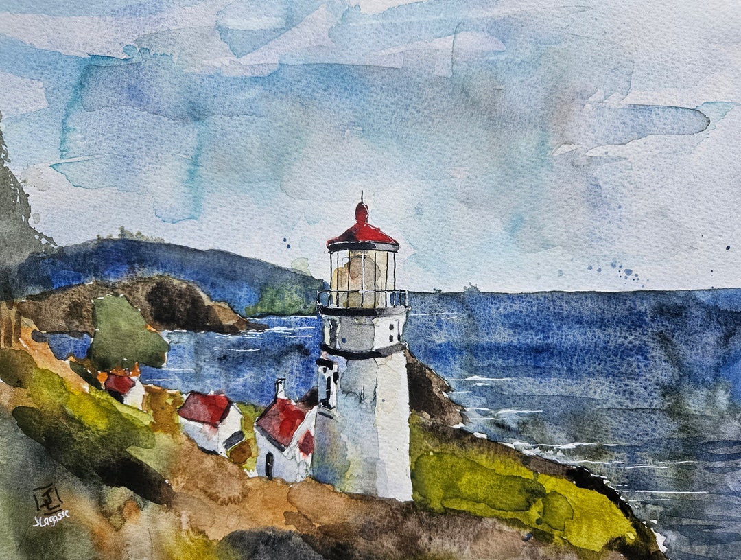 Lighthouse Original Painting Watercolor, Lighthouse Painting ...
