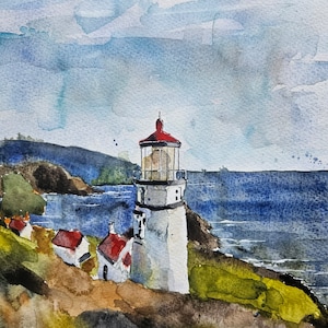 Pintura original de faro Acuarela, Pintura de faro, faro de acuarela, Pinetreeart, ACUARELA, paisaje, pintura, Maine