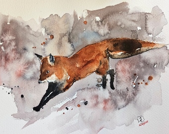 Original Fox Painting, fox art, fox watercolor, poppy painting, original art, painting, animals, nursery art, room decor, animal paintings