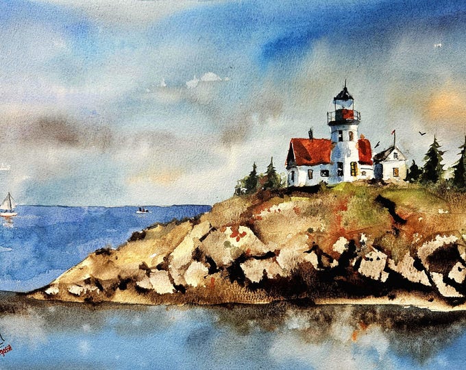Lighthouse Original Painting Watercolor, Lighthouse Painting ...