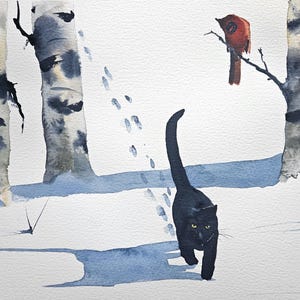May include: Watercolor painting of a black cat walking in a snowy forest. Birch trees with dark markings stand in the background, and a red bird perches on a branch. Footprints lead through the snow, and shadows are cast on the ground.