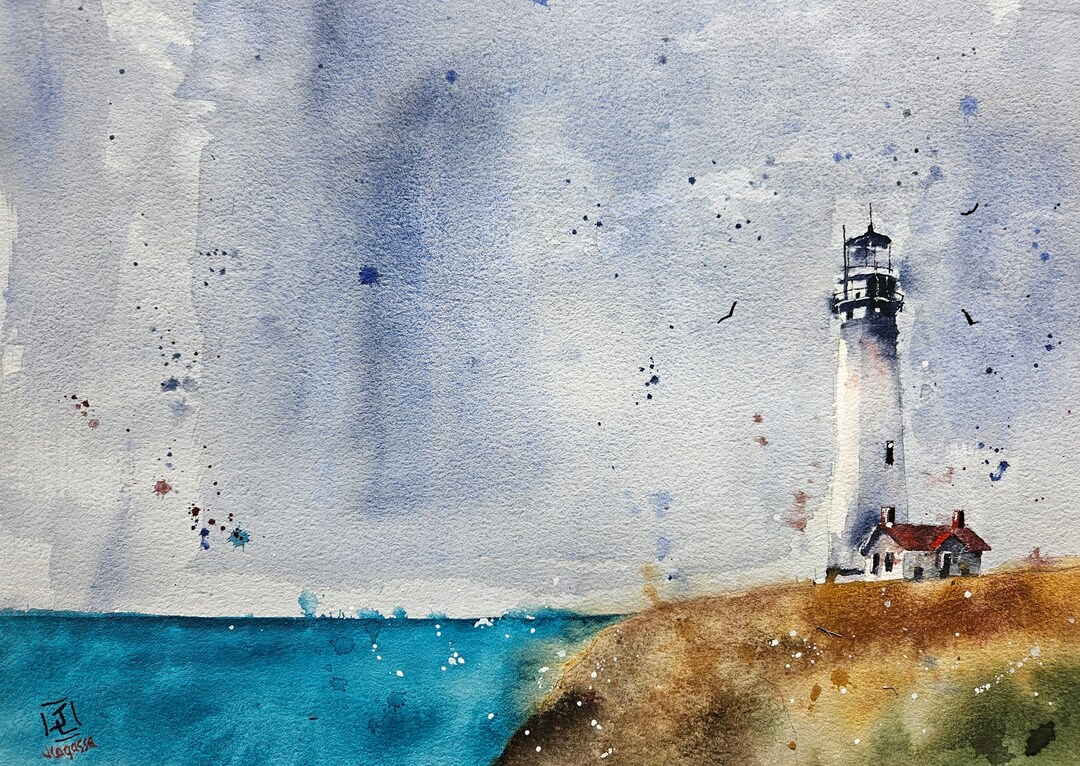 Lighthouse Original Painting Watercolor, Lighthouse Painting ...