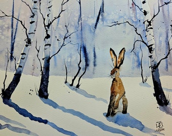 Rabbit Painting, Animal Art, children's room art, ORIGINAL, Hare , watercolor painting, original WATERCOLOR , Hare Painting Animal Art