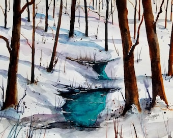 May include: A watercolor painting of a winter scene with a stream running through a forest. The trees are bare and the ground is covered in snow. The stream is a vibrant turquoise blue.