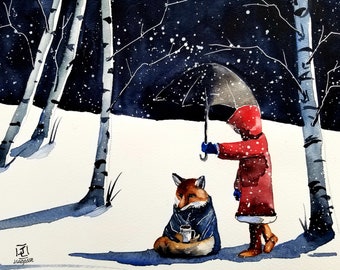 Girl and Fox print, landscape print, original art, winter art, painting, snow painting, Limited Prints , jim lagasse, maine artist, fox