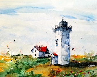 Watercolor Print/LANDSCAPE original watercolor/original painting modern /LANDSCAPE PAINTING /Lighthouse Prints/Maine Art/Jim Lagasse
