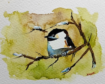 5" x 7" Original watercolor painting, affordable art, wall art, painting, Jim Lagasse, Home decor, wall paintings, chickadee