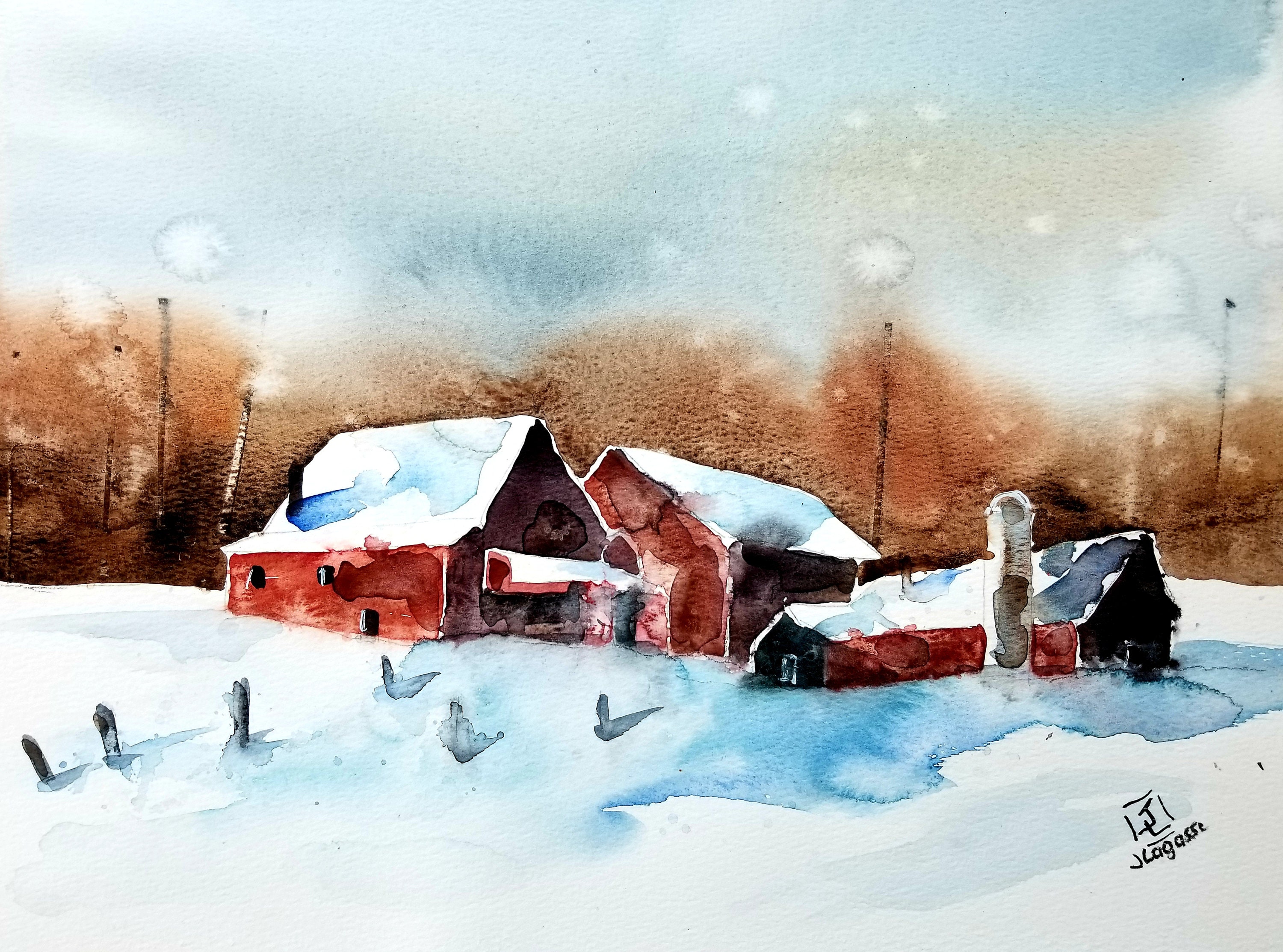 Red Barn Winter Landscape, Original Watercolor, Landscape Painting ...