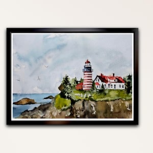 Quoddy Head Light, Maine – Original akvarellmålning av fyr 9 x 12 bild 2