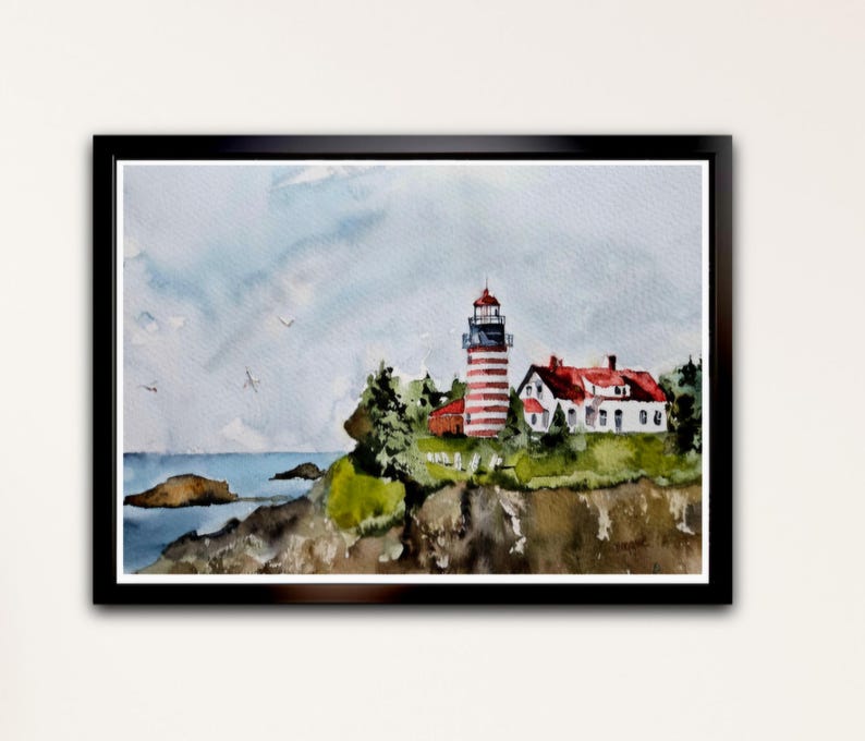 Quoddy Head Light, Maine – Original akvarellmålning av fyr 9 x 12 bild 2