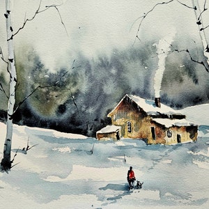Watercolor Original painting, Winter Landscape Painting, Maine art, Maine landscape, Original watercolor painting, Jim Lagasse, painting image 1