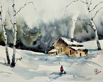 Watercolor Original painting, Winter Landscape Painting, Maine art, Maine landscape, Original watercolor painting, Jim Lagasse, painting