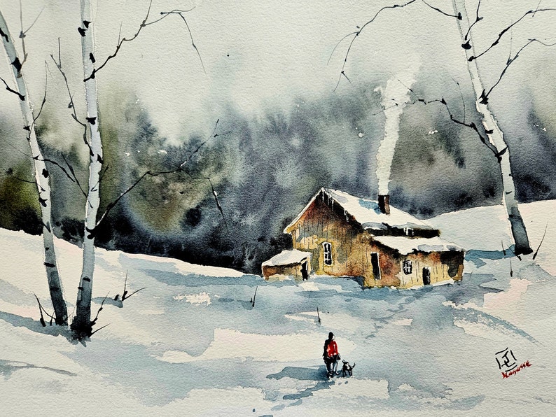 Watercolor Original painting, Winter Landscape Painting, Maine art, Maine landscape, Original watercolor painting, Jim Lagasse, painting image 1