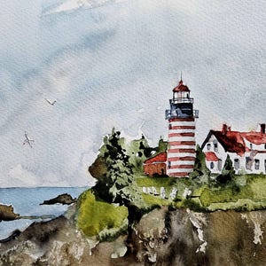 Quoddy Head Light, Maine – Original akvarellmålning av fyr 9 x 12 bild 1