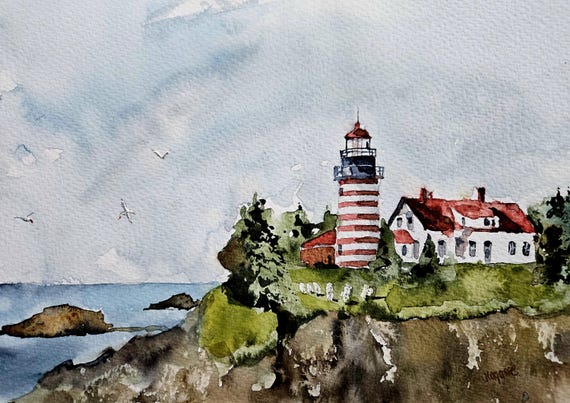 Quoddy Head Light, Maine – Original Watercolor Lighthouse Painting 9 x 12
