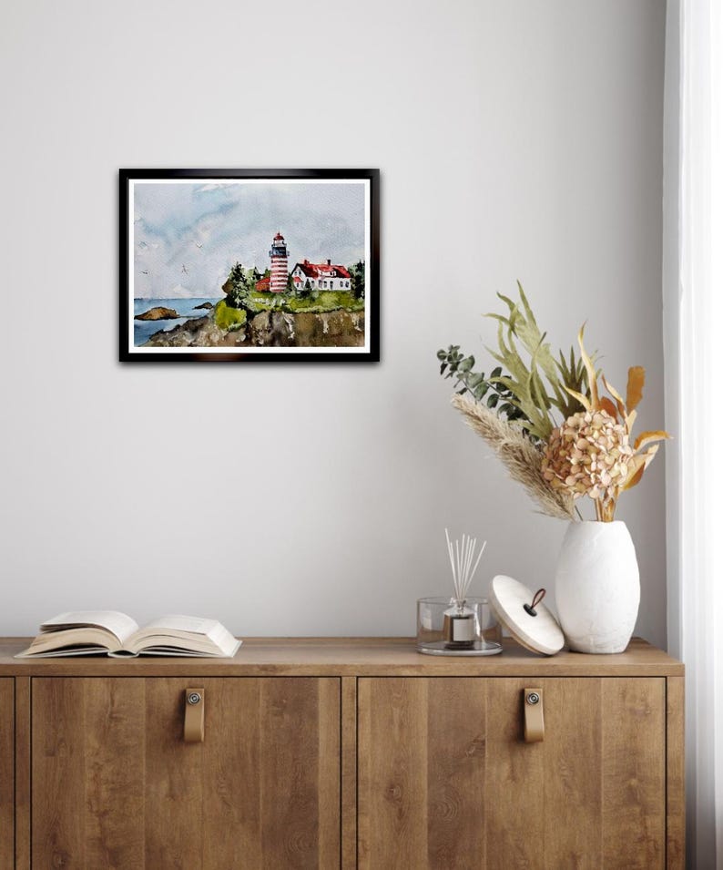 Quoddy Head Light, Maine – Original akvarellmålning av fyr 9 x 12 bild 4