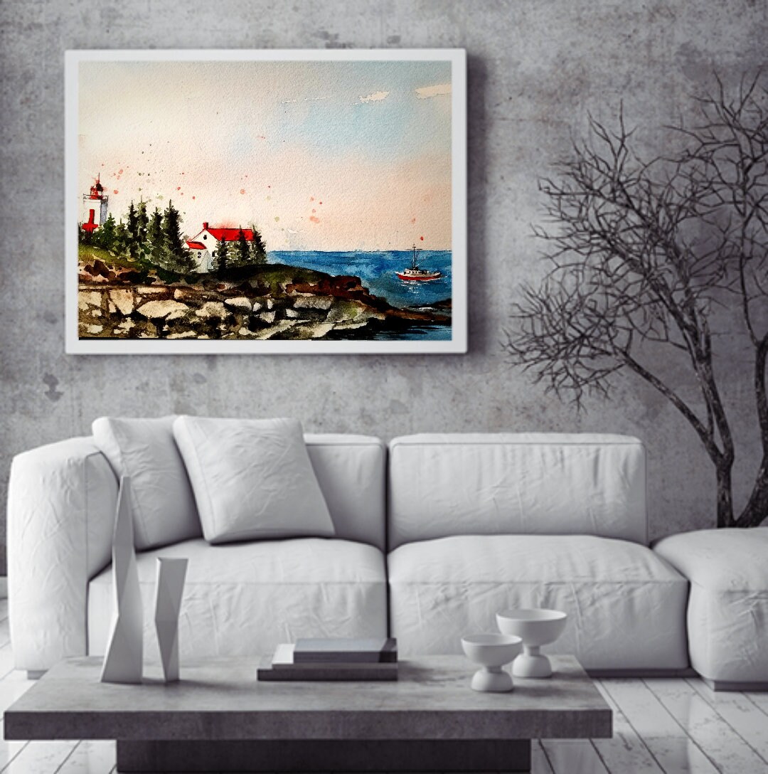 Lighthouse Original Painting Watercolor, Lighthouse Painting ...