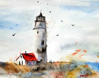 Watercolor Print/LANDSCAPE original watercolor/original painting modern /LANDSCAPE PAINTING /Lighthouse Prints/Maine Art/Jim Lagasse