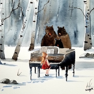 Impression ACEO Carte d'art en édition limitée Aceo Peinture à l'aquarelle Peinture de paysage Art de collection Art miniature Art sans cadre, Trois ours
