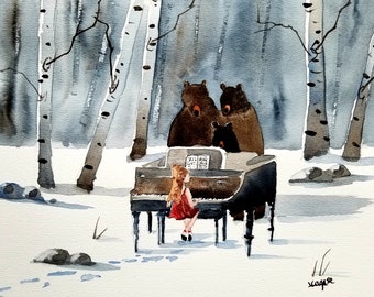 ACEO Print Aceo Limited Edition Art Card Watercolor Painting Landscape Painting Collectible Art Miniature Art Unframed Art, Three Bears