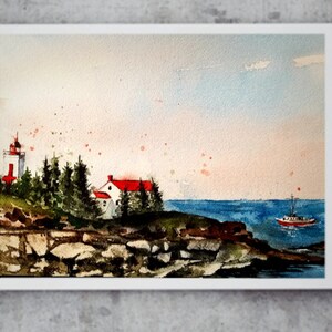 Lighthouse Original painting Watercolor, Lighthouse Painting, watercolor lighthouse, Quoddy Head, WATERCOLOR, landscape, painting, Maine