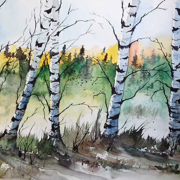 ORIGINAL painting watercolor painting original WATERCOLOR Birch Tree Art