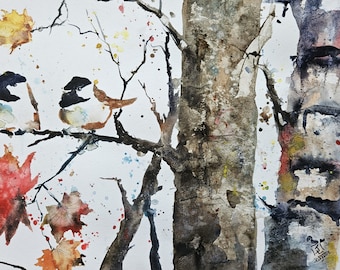 Watercolor Original Painting, Tree painting, Landscape painting, Wall art, home decor, watercolor painting, Jim Lagasse, Chickadee