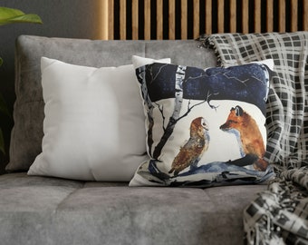 Spun Polyester Pillowcase, Watercolor and Illustrator Jim Lagasse original artwork, the Fox and the owl art, pillowcase for kid's room