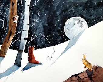 Fox Print, Rabbit Print, Owl Print, Snow art, Watercolor prints. PRINT, Nursery art, kids room art, Prints for nursery, animal art, animal