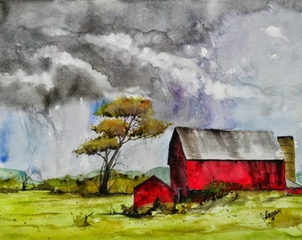 Original colorful print LANDSCAPE original watercolor original painting modern LANDSCAPE PAINTING, Red Barn