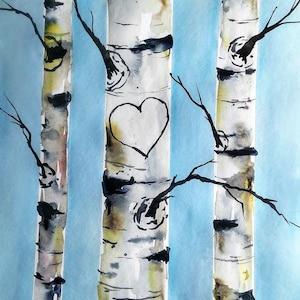 Watercolor Original Painting,Birch Tree Heart Custom your own initials, Mothers day,fathers day, wedding ,gifts,initials/birch tree art
