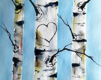 Watercolor Original Painting,Birch Tree Heart Custom your own initials, Mothers day,fathers day, wedding ,gifts,initials/birch tree art