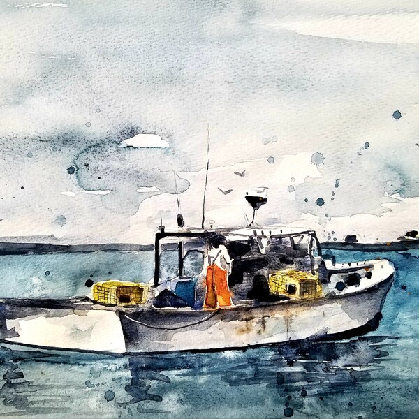 Lobster Boat watercolor painting. seascape. original painting, jim lagasse, wall decor, Boats, wall art, watercolor painting, Maine