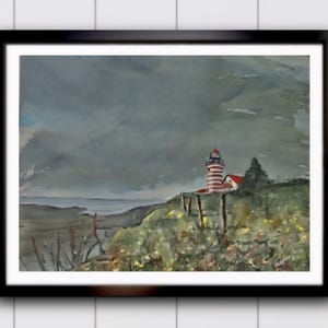 Aquarelprint/vuurtoren originele aquarel/originele print, kreeftboot /LANDSCAPE print /Lighthouse prints/Maine Art/Quoddy