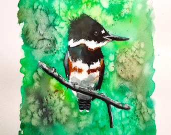Belted Kingfisher bird, animal painting, Bird painting, animal art, watercolor, watercolor bird painting, original painting, Jim Lagasse