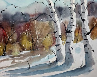 Acuarela de un bosque de abedules en invierno – Obra de arte original de 30 x 40 cm (12" x 16") de un paisaje boscoso – Escena de bosque nevado – Decoración de pared inspirada en la naturaleza – Cabaña rústica