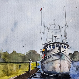 Lobster Boat watercolor painting. seascape. original painting, jim lagasse, wall decor, Boats, wall art, watercolor painting, Maine