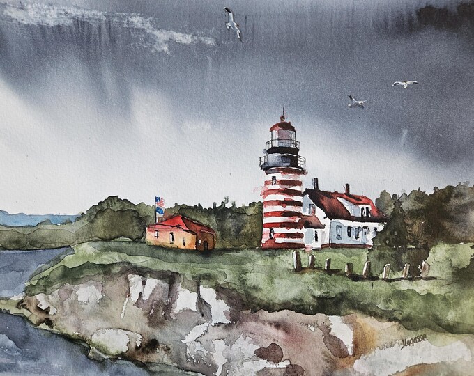 Lighthouse Original Painting Watercolor, Lighthouse Painting ...