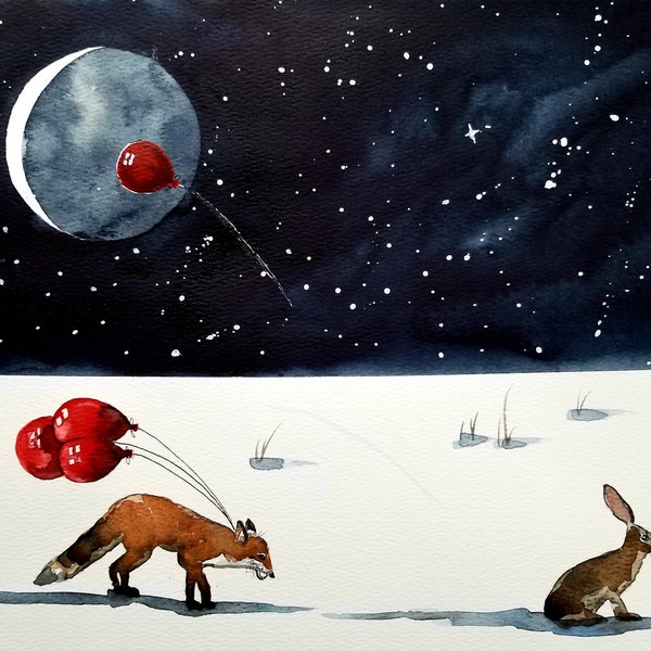 The Fox and the Hare, Balloon painting, watercolor painting, original watercolor, fox painting, animal art, hare, rabbit, nursery art,