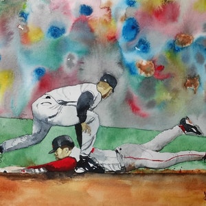 BOSTON RED SOX art watercolor Print. The Steal of the Century, Dave Roberts, Red Sox World Series 2004, Red Sox Art , original watercolor