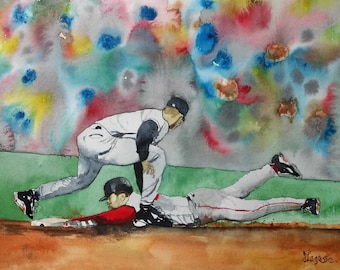 BOSTON RED SOX art watercolor Print. The Steal of the Century, Dave Roberts, Red Sox World Series 2004, Red Sox Art , original watercolor