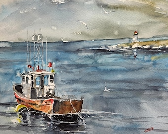 Fishing Boat watercolor painting. seascape. original painting, Jim Lagasse, wall decor, Boats, wall art, watercolor painting, Maine, Lobster
