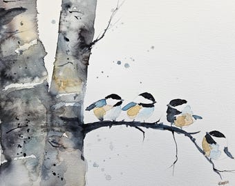 May include: Watercolor painting of a birch tree with five small birds perched on a branch. The birds have black and white heads, blue and tan wings, and tan bellies. The tree trunk is gray and black, with a few small branches.