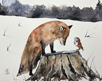 Owl and Fox print, landscape print, original art, winter art, painting, snow painting, Limited Prints , jim lagasse, maine artist, fox