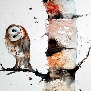 Barn owl Print, owl prints, animal art, bird painting, animals, watercolor print, birch tree print, wall art, animal wall art, prints,