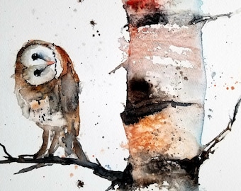 Barn owl Print, owl prints, animal art, bird painting, animals, watercolor print, birch tree print, wall art, animal wall art, prints,