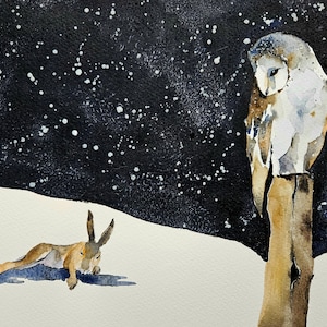 Owl Painting, Animal Art, children&#39;s room art, ORIGINAL, Bird art , watercolor painting, original WATERCOLOR, Painting Animal Art, bunny