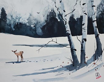Dipinto di cerbiatto, arte animale, arte per camerette per bambini, ORIGINALE, arte paesaggistica, pittura ad acquerello, ACQUERELLO originale, pittura ad arte animale, cervo