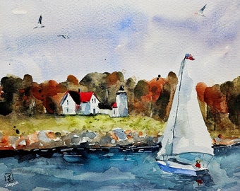 ロブスター ボートの水彩画。海の風景。オリジナル ペインティング