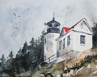 Lighthouse Original painting Watercolor, Lighthouse Painting, lighthouse, Pinetreeart, Bass harbor, landscape, painting, Maine